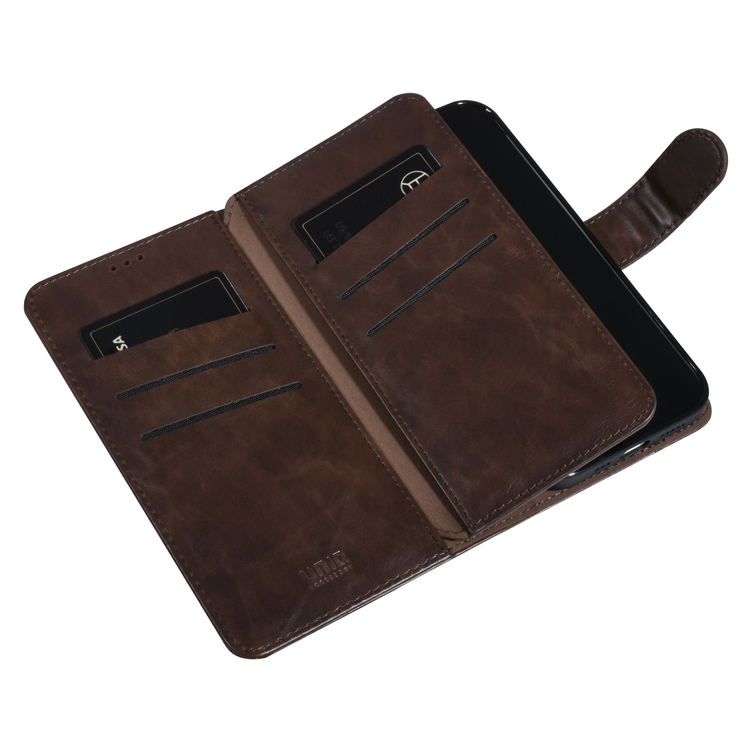 UNIQ Accessory UNIQ Accessory DonkerBruin iPhone 14 & 13 Booktype Pasjeshouder voor 9 pasjes - Magneetsluiting, foto 4 van 5
