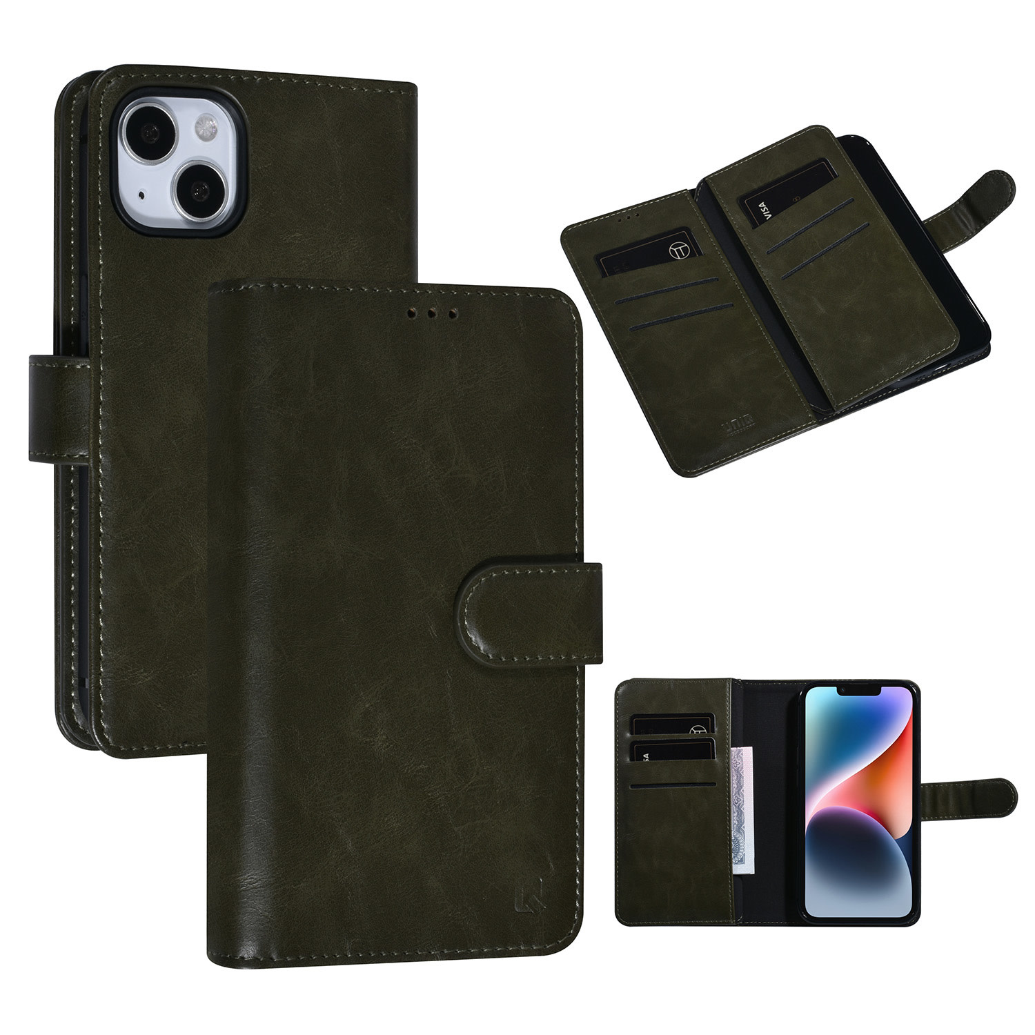 UNIQ Accessory UNIQ Accessory DonkerGroen iPhone 14 & 13 Booktype Pasjeshouder voor 9 pasjes - Magneetsluiting