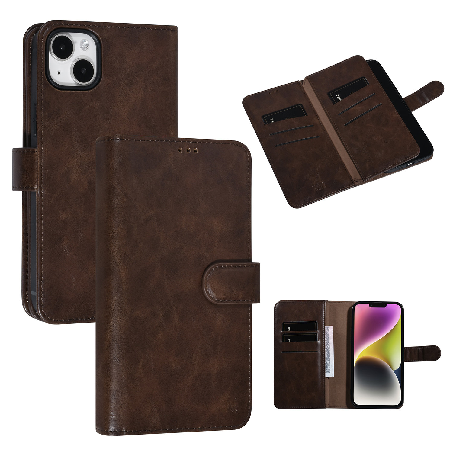 UNIQ Accessory UNIQ Accessory DonkerBruin iPhone 14 & 15 Plus Booktype Pasjeshouder voor 9 pasjes - Magneetsluiting