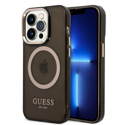 Guess coque arrière rigide pour iPhone 14 Pro - Gold Buttons & Camera - Magsafe Compatible - Translucide - Noir