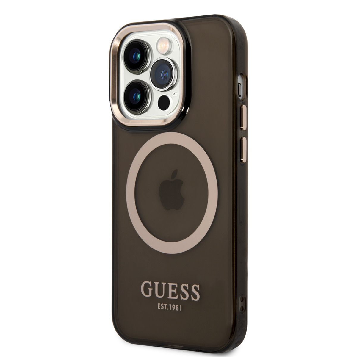 Guess Guess iPhone 14 Pro Hardcase Backcover - Gold Buttons & Camera - Magsafe Compatible - Doorzichtig - Zwart, foto 2 van 6