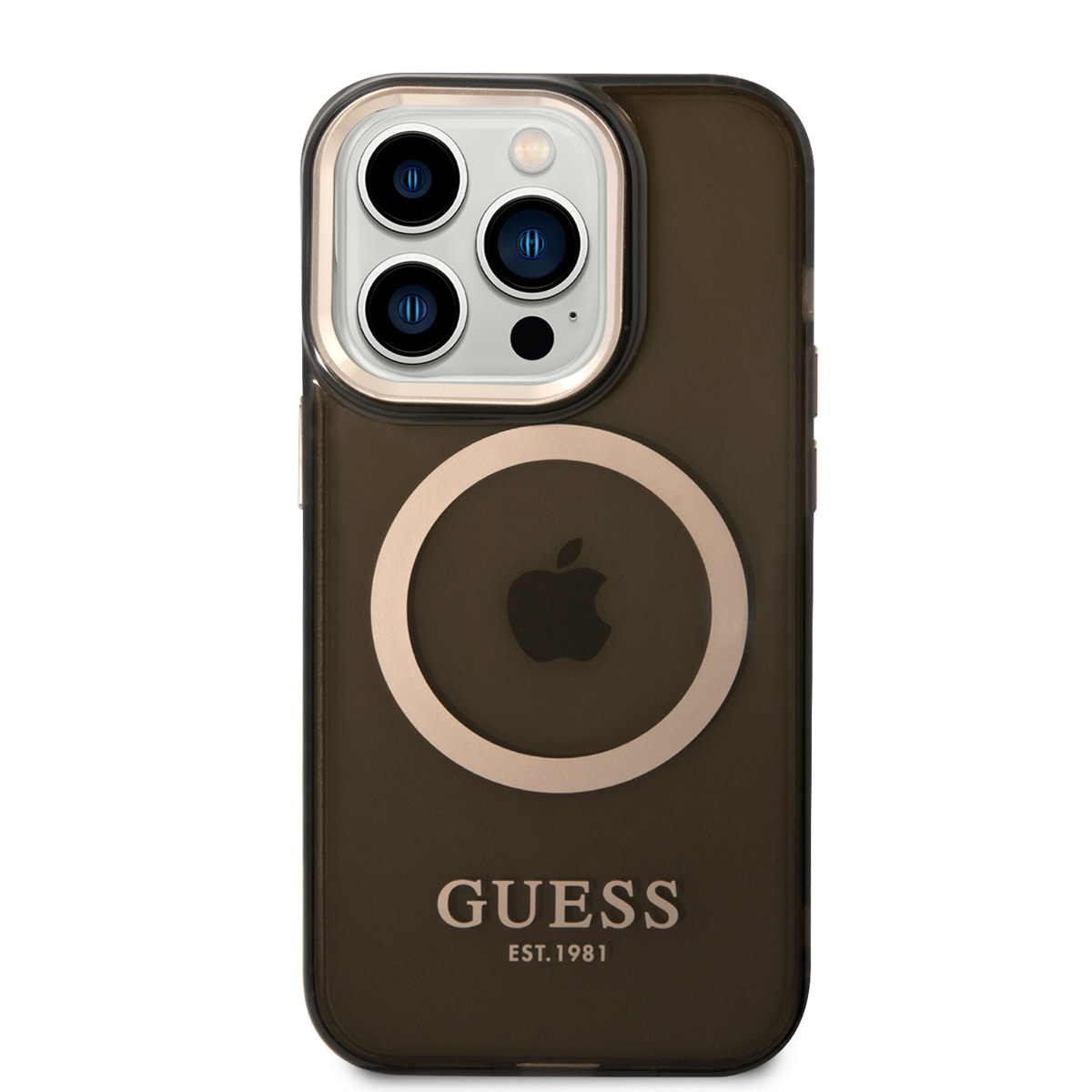 Guess Guess iPhone 14 Pro Hardcase Backcover - Gold Buttons & Camera - Magsafe Compatible - Doorzichtig - Zwart, foto 3 van 6