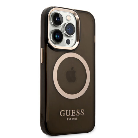 Guess Guess iPhone 14 Pro Hardcase Backcover - Gold Buttons & Camera - Magsafe Compatible - Translucent - Black Guess Guess iPhone 14 Pro Hardcase Backcover - Gold Buttons & Camera - Magsafe Compatible - Translucent - Black
