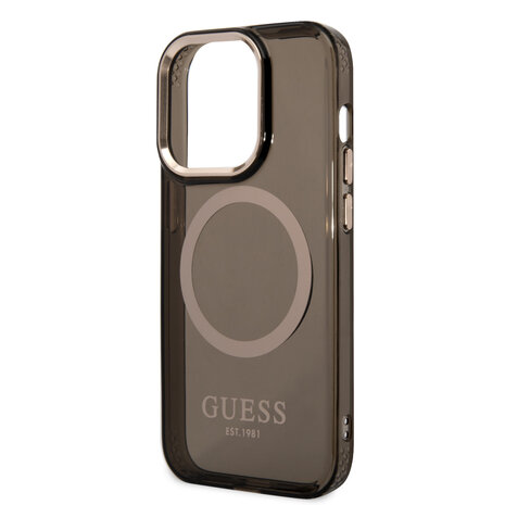 Guess Guess iPhone 14 Pro Hardcase Backcover - Gold Buttons & Camera - Magsafe Compatible - Translucent - Black Guess Guess iPhone 14 Pro Hardcase Backcover - Gold Buttons & Camera - Magsafe Compatible - Translucent - Black