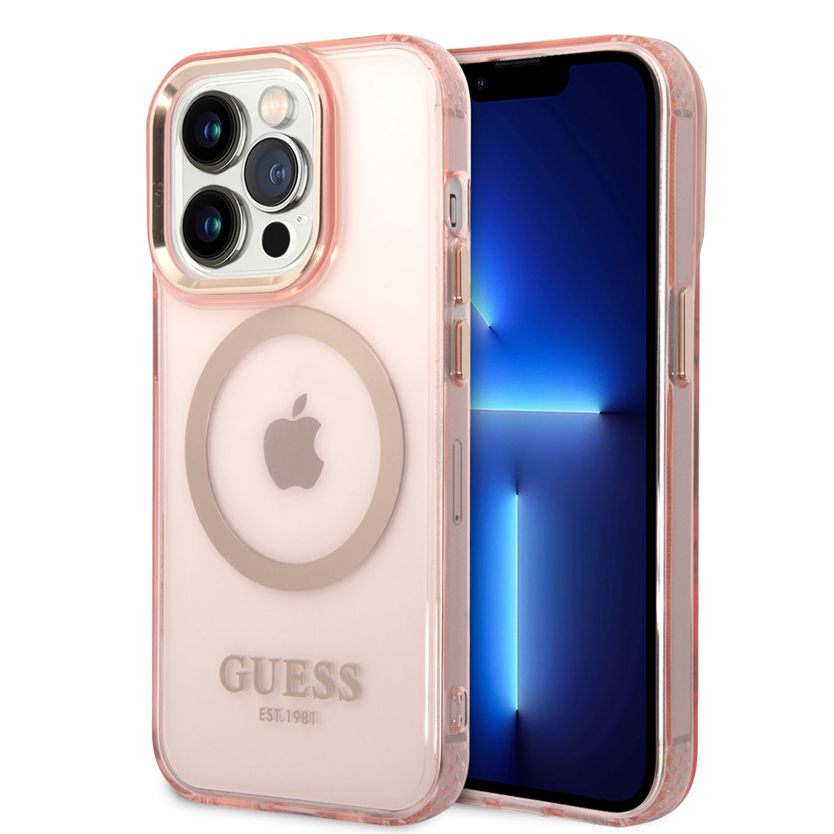 Guess Guess iPhone 14 Pro Hardcase Backcover - Gold Buttons & Camera - Magsafe Compatible - Doorzichtig - Roze