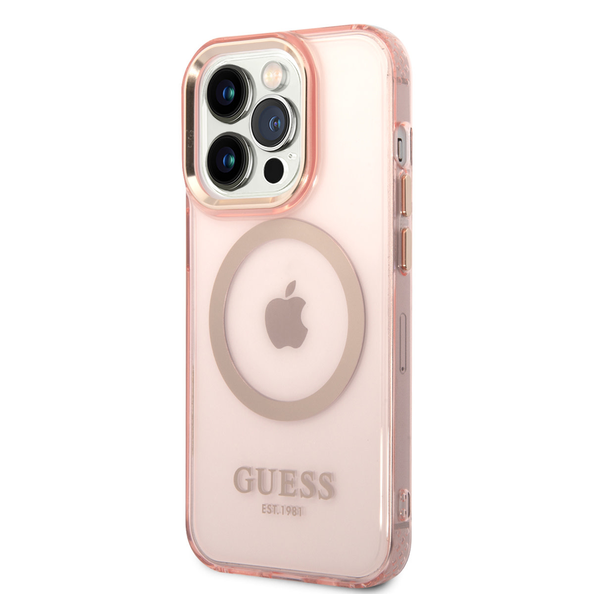 Guess Guess iPhone 14 Pro Hardcase Backcover - Gold Buttons & Camera - Magsafe Compatible - Doorzichtig - Roze, foto 2 van 6