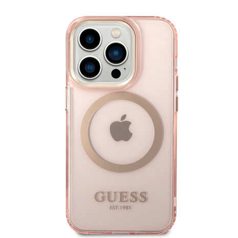 Guess Guess coque arrière rigide pour iPhone 14 Pro - Gold Buttons & Camera - Magsafe Compatible - Translucide - Rose Guess Guess coque arrière rigide pour iPhone 14 Pro - Gold Buttons & Camera - Magsafe Compatible - Translucide - Rose
