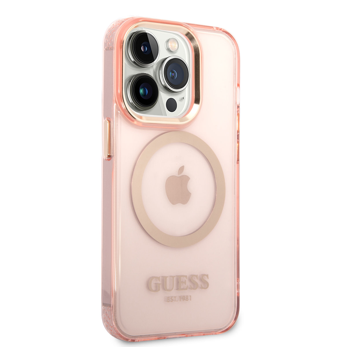 Guess Guess iPhone 14 Pro Hardcase Backcover - Gold Buttons & Camera - Magsafe Compatible - Doorzichtig - Roze, foto 4 van 6