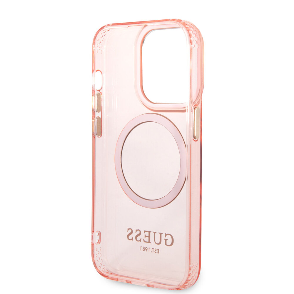 Guess Guess coque arrière rigide pour iPhone 14 Pro - Gold Buttons & Camera - Magsafe Compatible - Translucide - Rose Guess Guess coque arrière rigide pour iPhone 14 Pro - Gold Buttons & Camera - Magsafe Compatible - Translucide - Rose