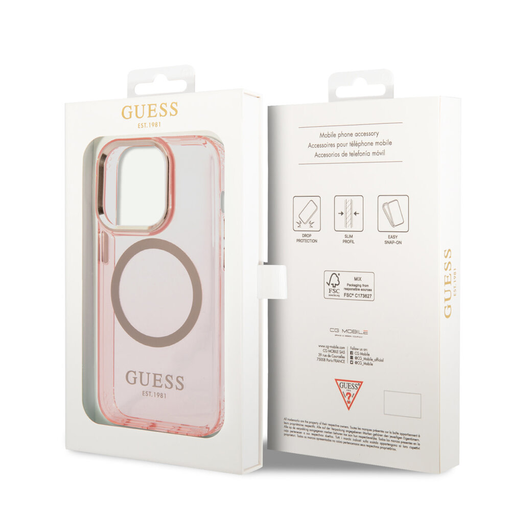 Guess Guess coque arrière rigide pour iPhone 14 Pro - Gold Buttons & Camera - Magsafe Compatible - Translucide - Rose Guess Guess coque arrière rigide pour iPhone 14 Pro - Gold Buttons & Camera - Magsafe Compatible - Translucide - Rose