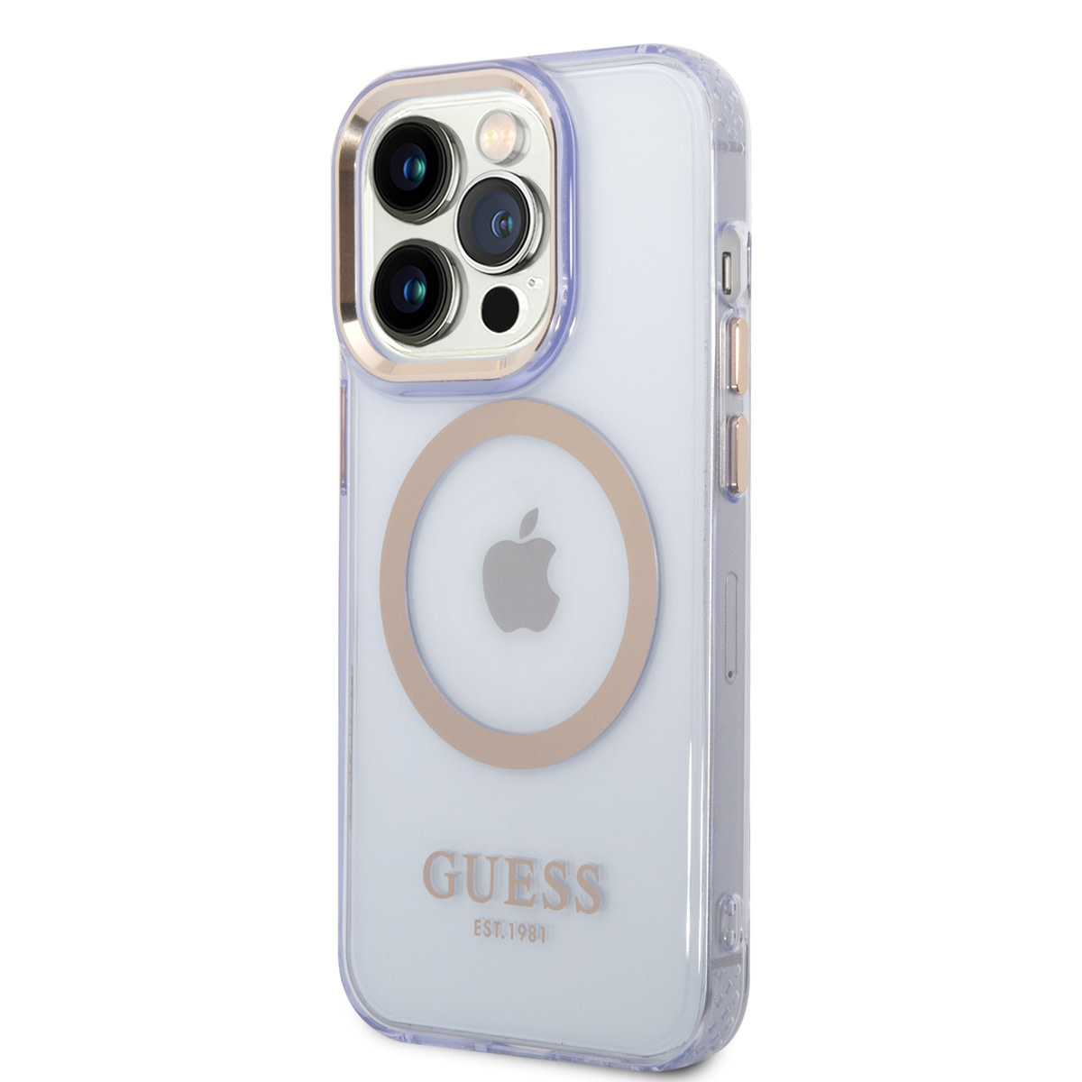 Guess Guess iPhone 14 Pro Hardcase Backcover - Gold Buttons & Camera - Magsafe Compatible - Doorzichtig - Paars, foto 2 van 6