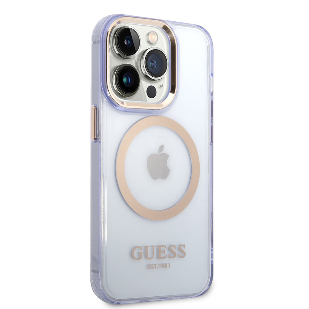 Guess Guess coque arrière rigide pour iPhone 14 Pro - Gold Buttons & Camera - Magsafe Compatible - Translucide - Violet Guess Guess coque arrière rigide pour iPhone 14 Pro - Gold Buttons & Camera - Magsafe Compatible - Translucide - Violet