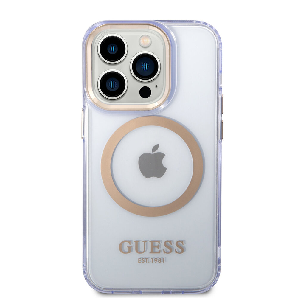 Guess Guess coque arrière rigide pour iPhone 14 Pro - Gold Buttons & Camera - Magsafe Compatible - Translucide - Violet Guess Guess coque arrière rigide pour iPhone 14 Pro - Gold Buttons & Camera - Magsafe Compatible - Translucide - Violet