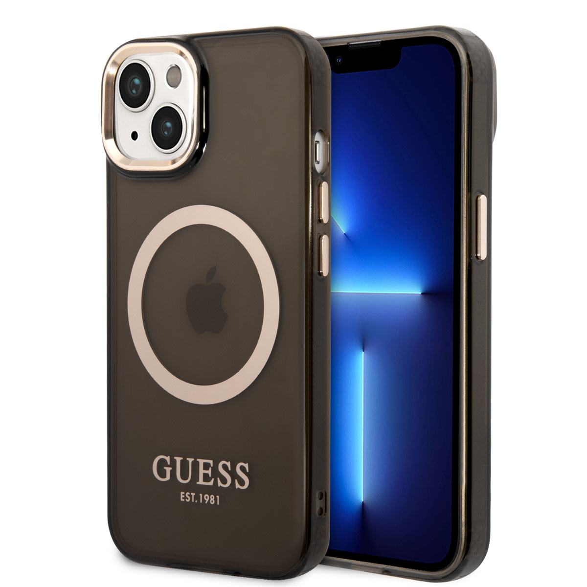 Guess Guess iPhone 14 & 15 Plus Hardcase Backcover - Gold Buttons & Camera - Magsafe Compatible - Doorzichtig - Zwart
