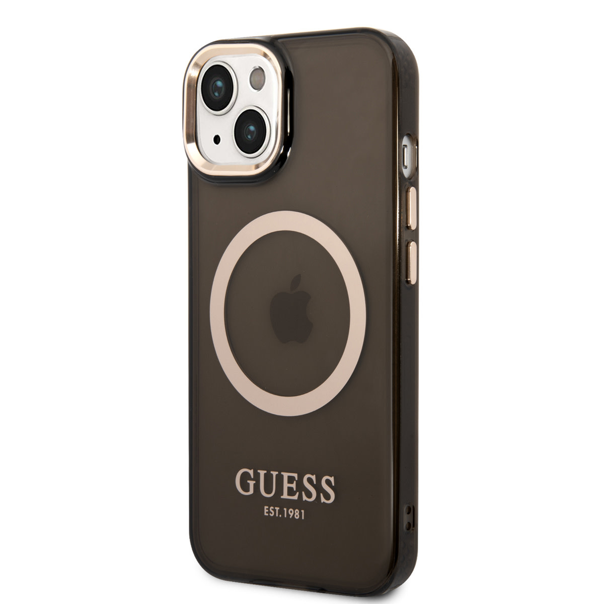 Guess Guess iPhone 14 & 15 Plus Hardcase Backcover - Gold Buttons & Camera - Magsafe Compatible - Doorzichtig - Zwart, foto 2 van 6