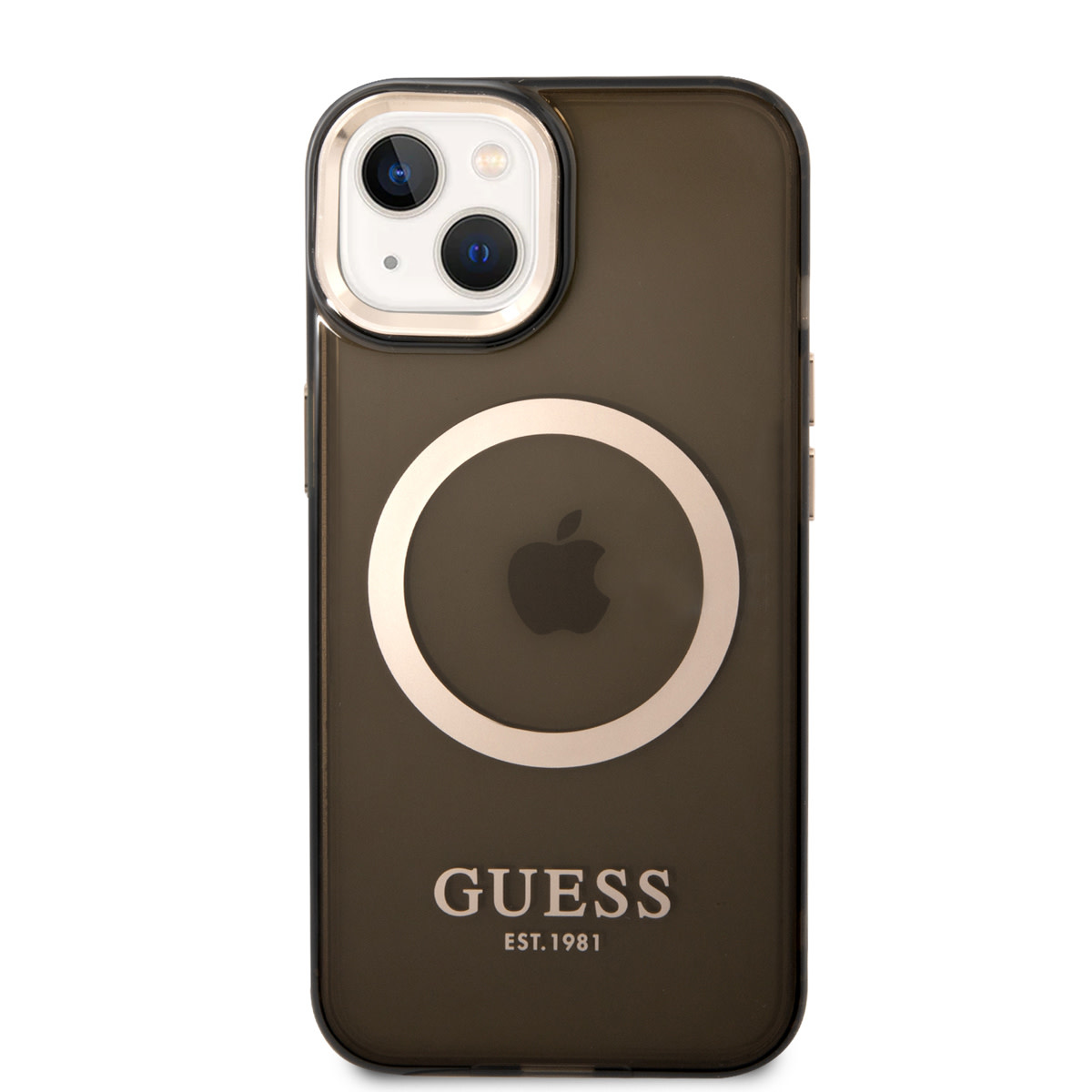 Guess Guess iPhone 14 & 15 Plus Hardcase Backcover - Gold Buttons & Camera - Magsafe Compatible - Doorzichtig - Zwart, foto 3 van 6