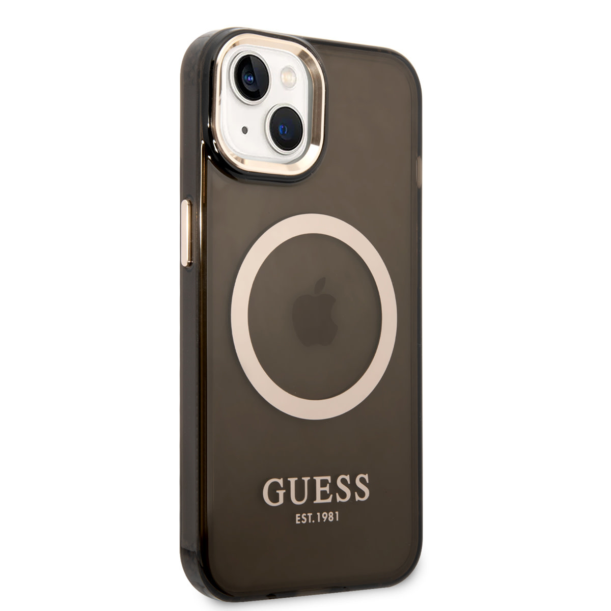 Guess Guess iPhone 14 & 15 Plus Hardcase Backcover - Gold Buttons & Camera - Magsafe Compatible - Doorzichtig - Zwart, foto 4 van 6
