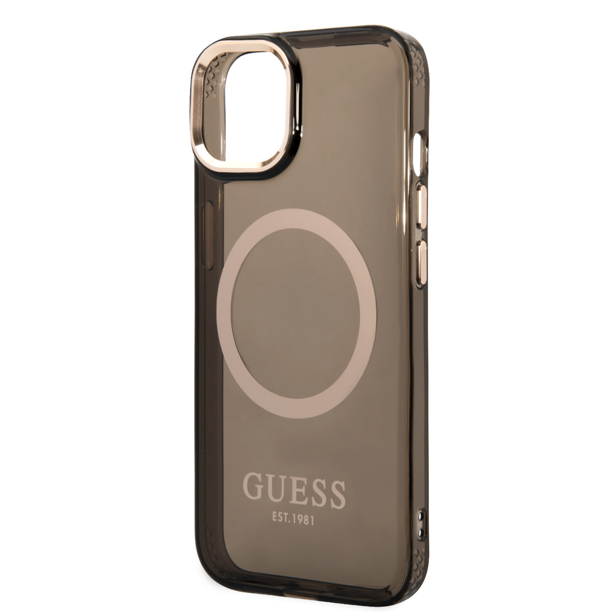 Guess Guess iPhone 14 & 15 Plus Hardcase Backcover - Gold Buttons & Camera - Magsafe Compatible - Doorzichtig - Zwart, foto 5 van 6