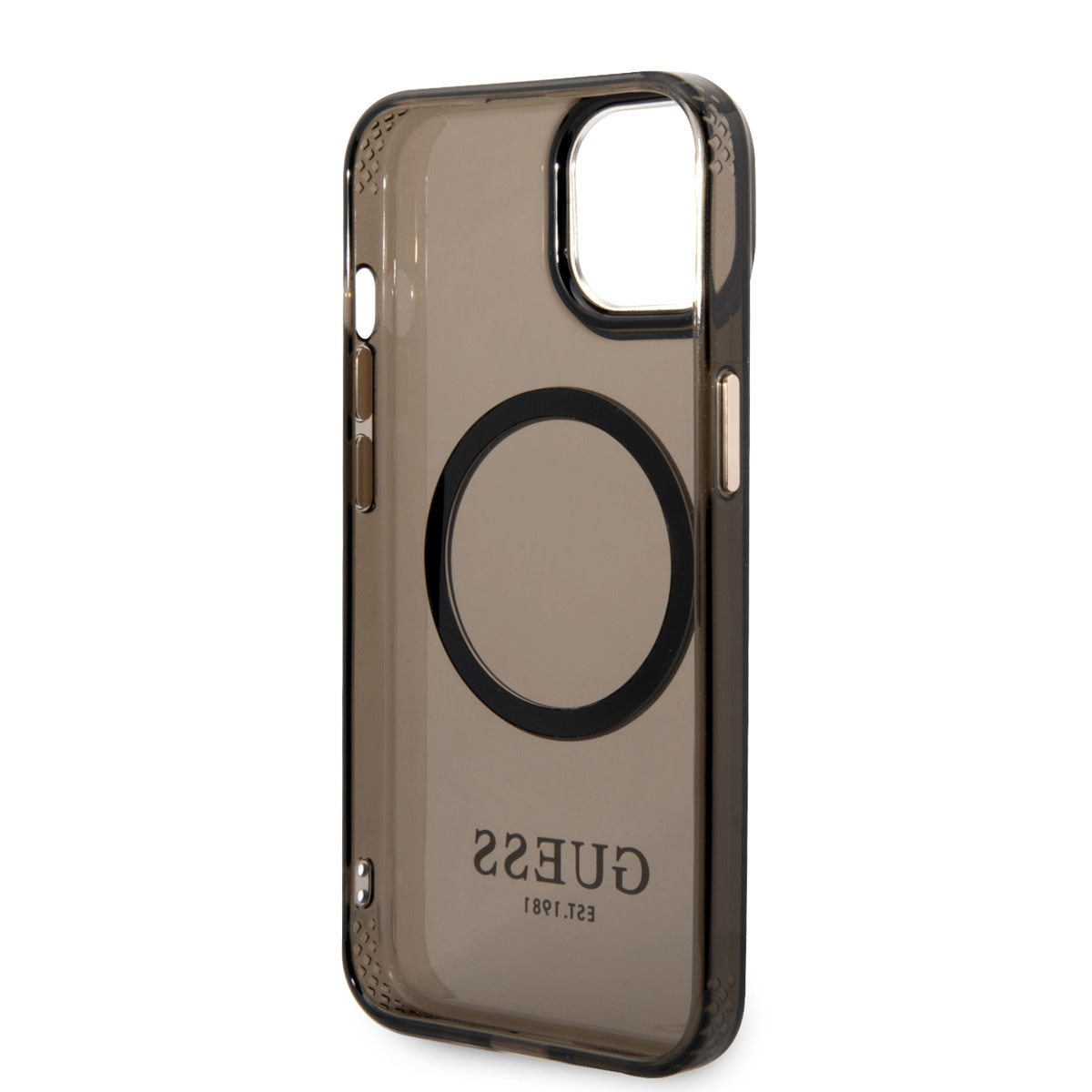 Guess Guess iPhone 14 & 15 Plus Hardcase Backcover - Gold Buttons & Camera - Magsafe Compatible - Doorzichtig - Zwart, foto 6 van 6