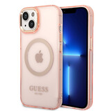 Guess Guess iPhone 14 & 15 Plus Hardcase-Ruckseite - Gold Buttons & Camera - Magsafe Compatible - Durchscheinend - Rosa Guess Guess iPhone 14 & 15 Plus Hardcase-Ruckseite - Gold Buttons & Camera - Magsafe Compatible - Durchscheinend - Rosa