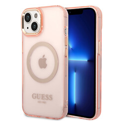 Guess iPhone 14 & 15 Plus Hardcase Backcover - Gold Buttons & Camera - Magsafe Compatible - Translucent - Pink
