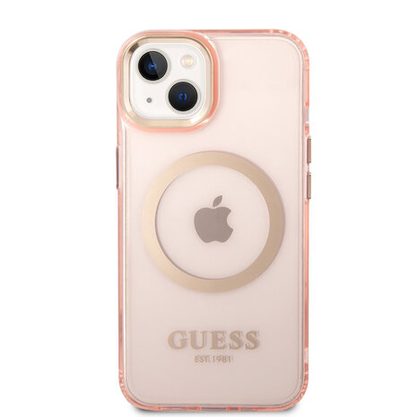 Guess Guess iPhone 14 & 15 Plus Hardcase Backcover - Gold Buttons & Camera - Magsafe Compatible - Doorzichtig - Roze Guess Guess iPhone 14 & 15 Plus Hardcase Backcover - Gold Buttons & Camera - Magsafe Compatible - Doorzichtig - Roze