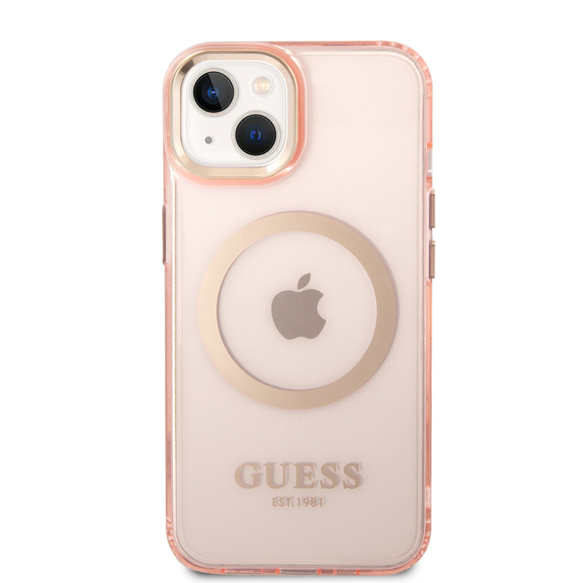 Guess Guess iPhone 14 & 15 Plus Hardcase Backcover - Gold Buttons & Camera - Magsafe Compatible - Doorzichtig - Roze, foto 2 van 6
