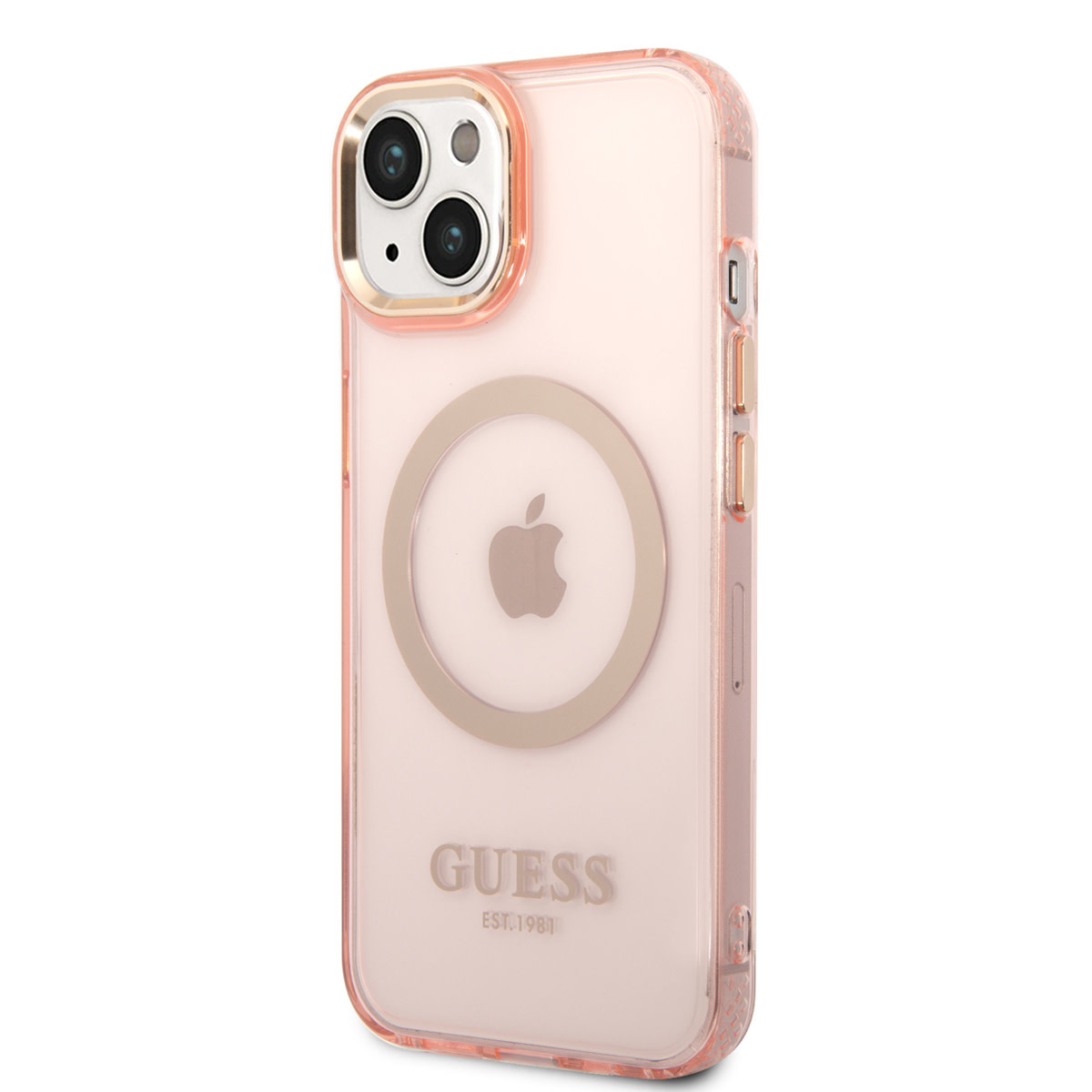 Guess Guess iPhone 14 & 15 Plus Hardcase Backcover - Gold Buttons & Camera - Magsafe Compatible - Doorzichtig - Roze, foto 3 van 6