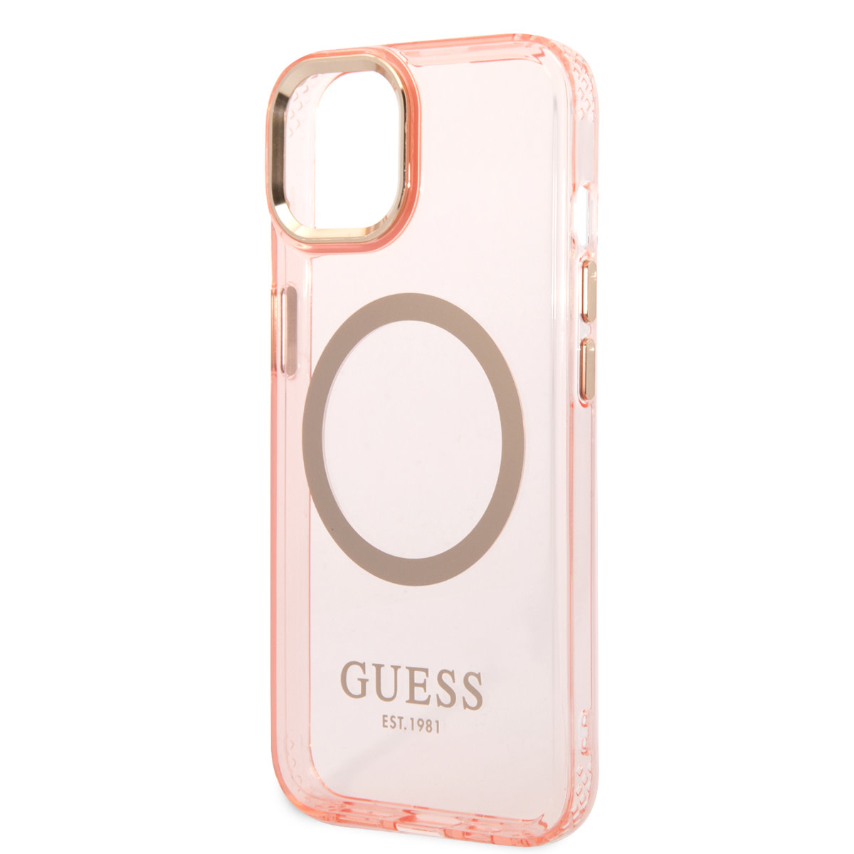 Guess Guess iPhone 14 & 15 Plus Hardcase Backcover - Gold Buttons & Camera - Magsafe Compatible - Doorzichtig - Roze, foto 5 van 6