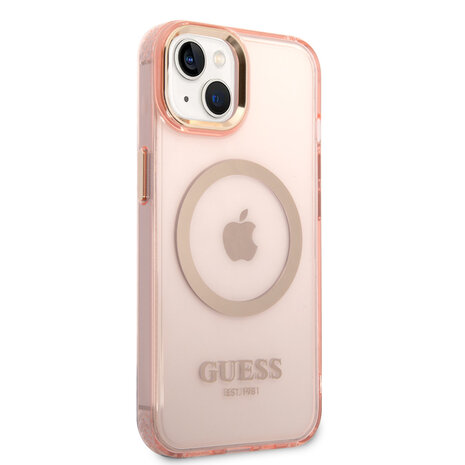 Guess Guess iPhone 14 & 15 Plus Hardcase Backcover - Gold Buttons & Camera - Magsafe Compatible - Doorzichtig - Roze Guess Guess iPhone 14 & 15 Plus Hardcase Backcover - Gold Buttons & Camera - Magsafe Compatible - Doorzichtig - Roze