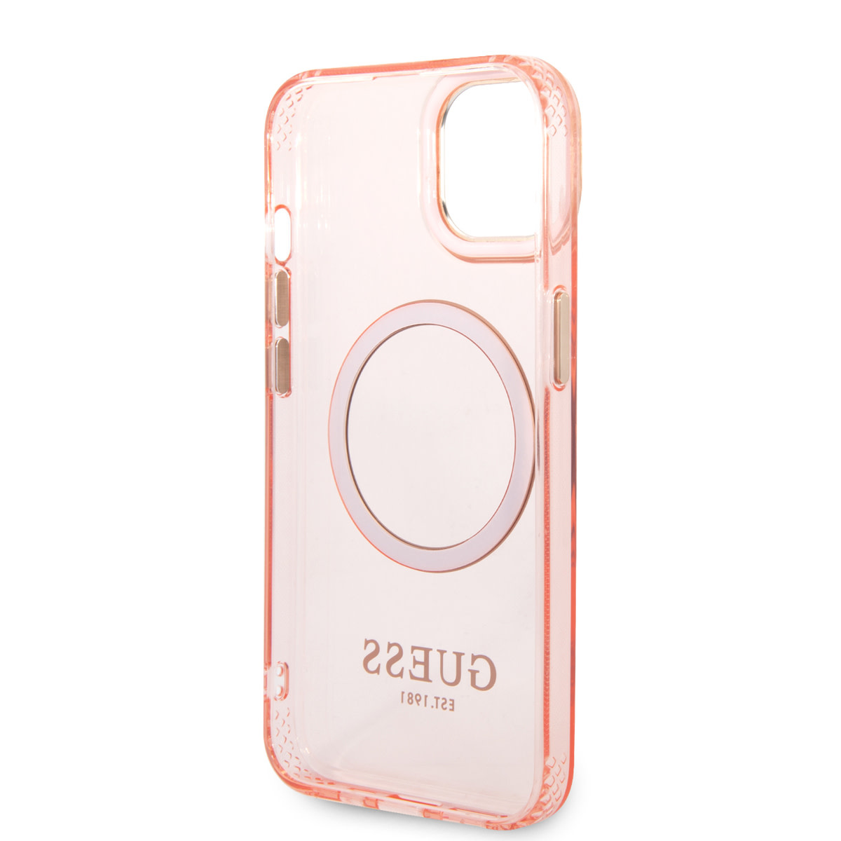 Guess Guess iPhone 14 & 15 Plus Hardcase Backcover - Gold Buttons & Camera - Magsafe Compatible - Doorzichtig - Roze, foto 6 van 6