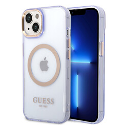 Guess iPhone 14 & 15 Plus Hardcase Backcover - Gold Buttons & Camera - Magsafe Compatible - Translucent - Purple
