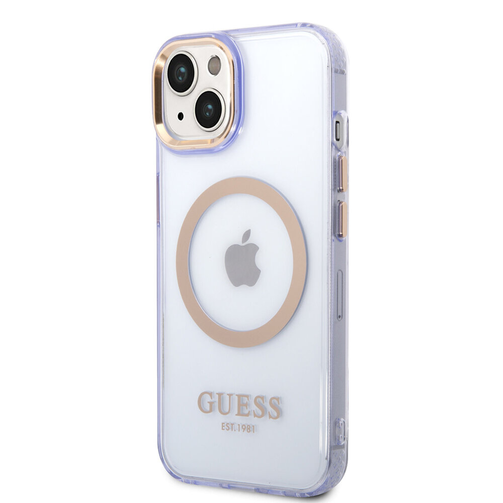 Guess Guess iPhone 14 & 15 Plus Hardcase Backcover - Gold Buttons & Camera - Magsafe Compatible - Doorzichtig - Paars Guess Guess iPhone 14 & 15 Plus Hardcase Backcover - Gold Buttons & Camera - Magsafe Compatible - Doorzichtig - Paars