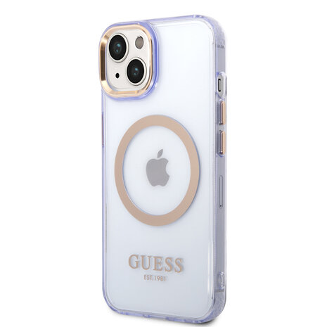 Guess Guess iPhone 14 & 15 Plus Hardcase Backcover - Gold Buttons & Camera - Magsafe Compatible - Doorzichtig - Paars Guess Guess iPhone 14 & 15 Plus Hardcase Backcover - Gold Buttons & Camera - Magsafe Compatible - Doorzichtig - Paars