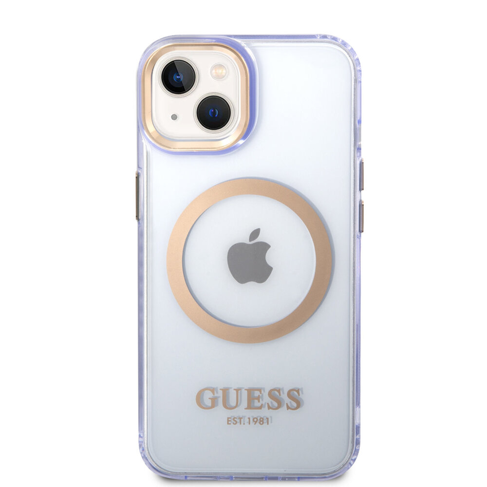 Guess Guess iPhone 14 & 15 Plus Hardcase-Ruckseite - Gold Buttons & Camera - Magsafe Compatible - Durchscheinend - Lila Guess Guess iPhone 14 & 15 Plus Hardcase-Ruckseite - Gold Buttons & Camera - Magsafe Compatible - Durchscheinend - Lila