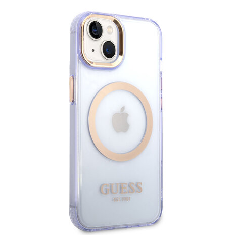 Guess Guess iPhone 14 & 15 Plus Hardcase-Ruckseite - Gold Buttons & Camera - Magsafe Compatible - Durchscheinend - Lila Guess Guess iPhone 14 & 15 Plus Hardcase-Ruckseite - Gold Buttons & Camera - Magsafe Compatible - Durchscheinend - Lila