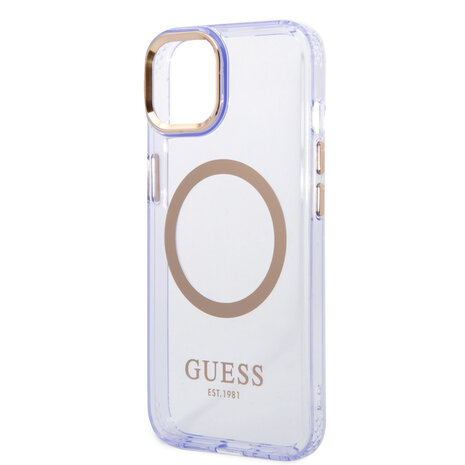 Guess Guess iPhone 14 & 15 Plus Hardcase Backcover - Gold Buttons & Camera - Magsafe Compatible - Doorzichtig - Paars Guess Guess iPhone 14 & 15 Plus Hardcase Backcover - Gold Buttons & Camera - Magsafe Compatible - Doorzichtig - Paars