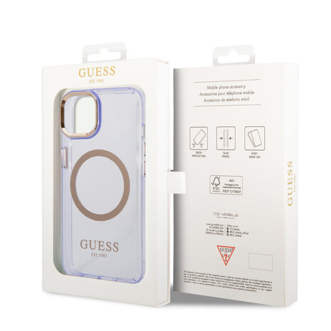 Guess Guess iPhone 14 & 15 Plus Hardcase Backcover - Gold Buttons & Camera - Magsafe Compatible - Doorzichtig - Paars Guess Guess iPhone 14 & 15 Plus Hardcase Backcover - Gold Buttons & Camera - Magsafe Compatible - Doorzichtig - Paars