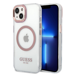 Guess iPhone 14 & 15 Plus Hardcase Backcover - Pink Camera & Buttons - Magsafe Compatible - Transparent