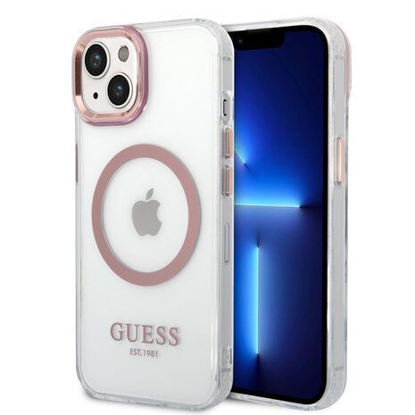 Guess Guess coque arriere rigide pour iPhone 14 & 15 Plus - Pink Camera & Buttons - Magsafe Compatible - Transparent Guess Guess coque arriere rigide pour iPhone 14 & 15 Plus - Pink Camera & Buttons - Magsafe Compatible - Transparent