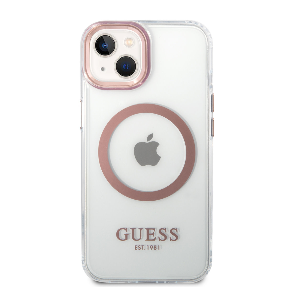 Guess Guess iPhone 14 & 15 Plus Hardcase Backcover - Pink Camera & Buttons - Magsafe Compatible - Transparant, foto 3 van 6