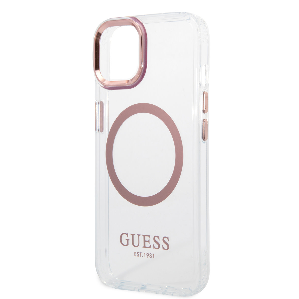 Guess Guess iPhone 14 & 15 Plus Hardcase Backcover - Pink Camera & Buttons - Magsafe Compatible - Transparant, foto 5 van 6