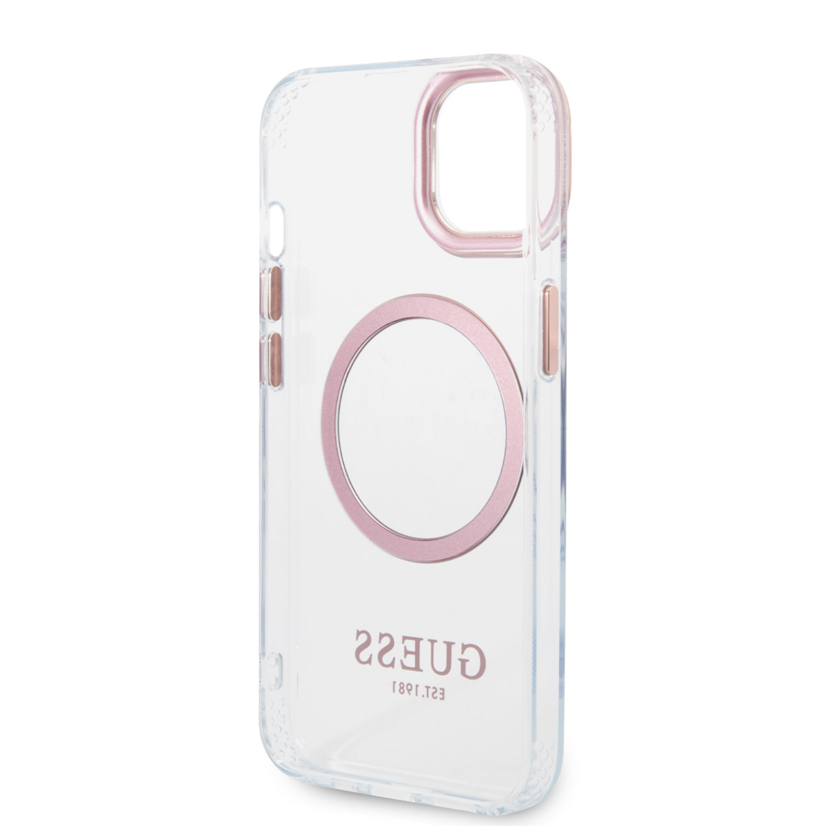 Guess Guess iPhone 14 & 15 Plus Hardcase Backcover - Pink Camera & Buttons - Magsafe Compatible - Transparant, foto 6 van 6