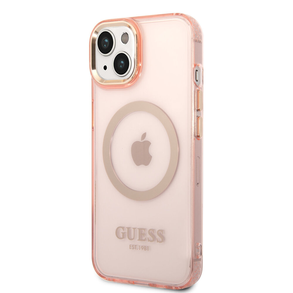 Guess Guess coque arriere rigide pour iPhone 14 & 13 - Gold Buttons & Camera - Magsafe Compatible - Translucide - Rose