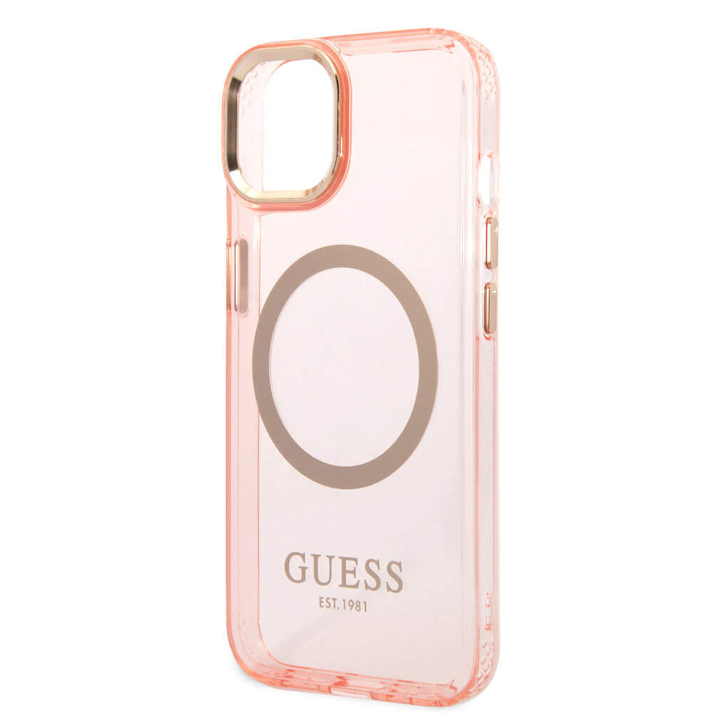 Guess Guess coque arriere rigide pour iPhone 14 & 13 - Gold Buttons & Camera - Magsafe Compatible - Translucide - Rose