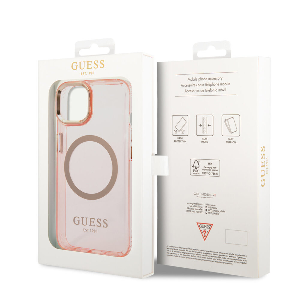 Guess Guess coque arriere rigide pour iPhone 14 & 13 - Gold Buttons & Camera - Magsafe Compatible - Translucide - Rose