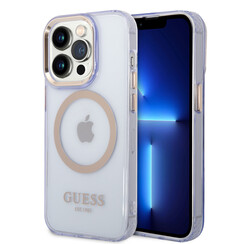 Guess iPhone 14 Pro Max Hardcase Backcover - Gold Buttons & Camera - Magsafe Compatible - Translucent - Purple