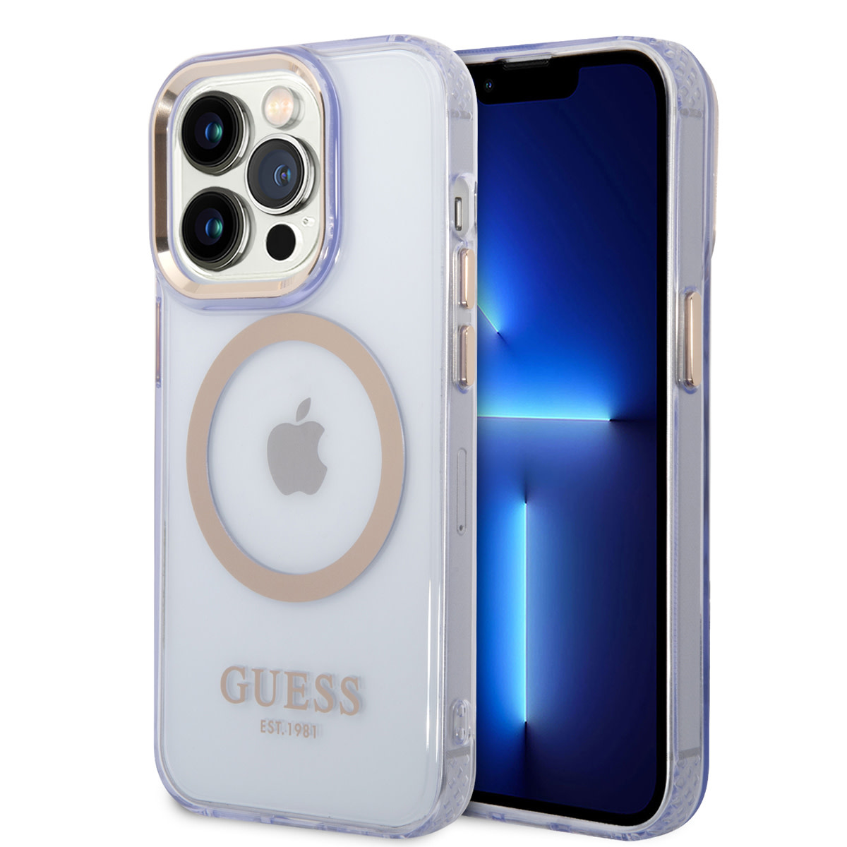 Guess Guess iPhone 14 Pro Max Hardcase Backcover - Gold Buttons & Camera - Magsafe Compatible - Doorzichtig - Paars