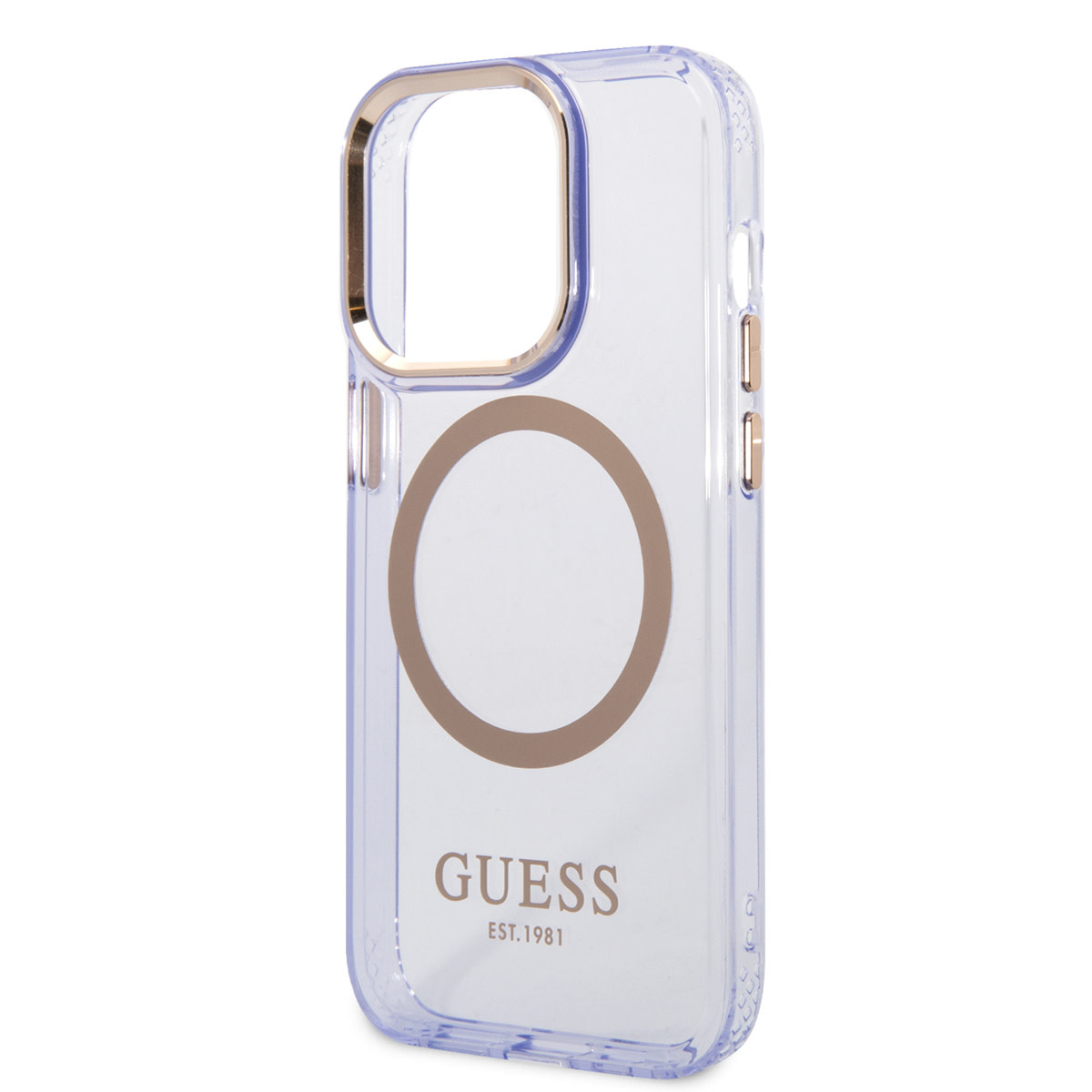 Guess Guess iPhone 14 Pro Max Hardcase Backcover - Gold Buttons & Camera - Magsafe Compatible - Doorzichtig - Paars, foto 5 van 6