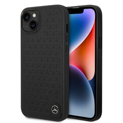Mercedes-Benz coque arriere rigide pour iPhone 14 & 15 Plus - Genuine Leather - Star Pattern - Noir